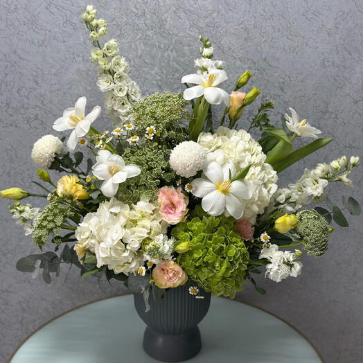 Elegant Hydrangea   Tulip Mix with Peach Estoma and Delicate Accents