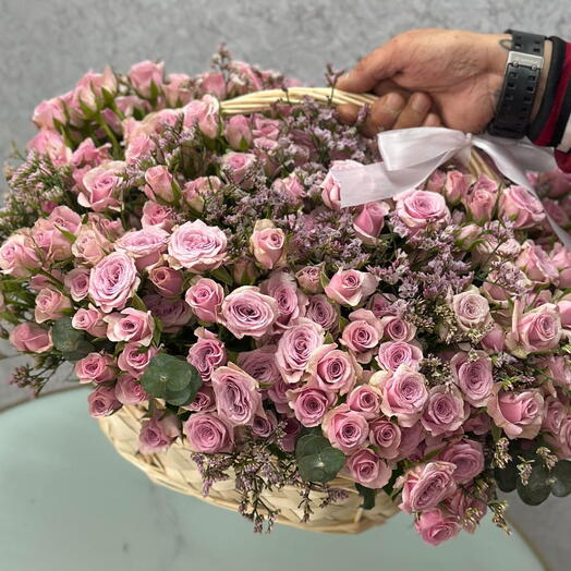 Lavish Basket of 100 Pink Baby Roses with Limonium Pillars