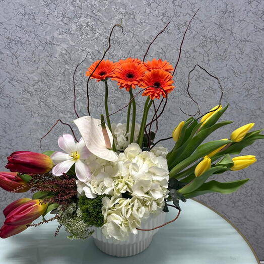 Vibrant Mixed Tulip and Orange Gerbera Floral Arrangement with Hydrangea   Anthurium