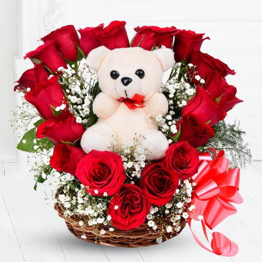 Romantic Red Rose Basket with Teddy Bear   Gypsophila
