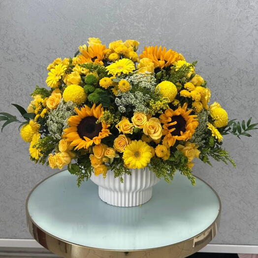 Golden Bloom Deluxe Bouquet – Radiant Sunflowers, Yellow Roses, Gerberas   Chrysanthemums in Elegant White Vase
