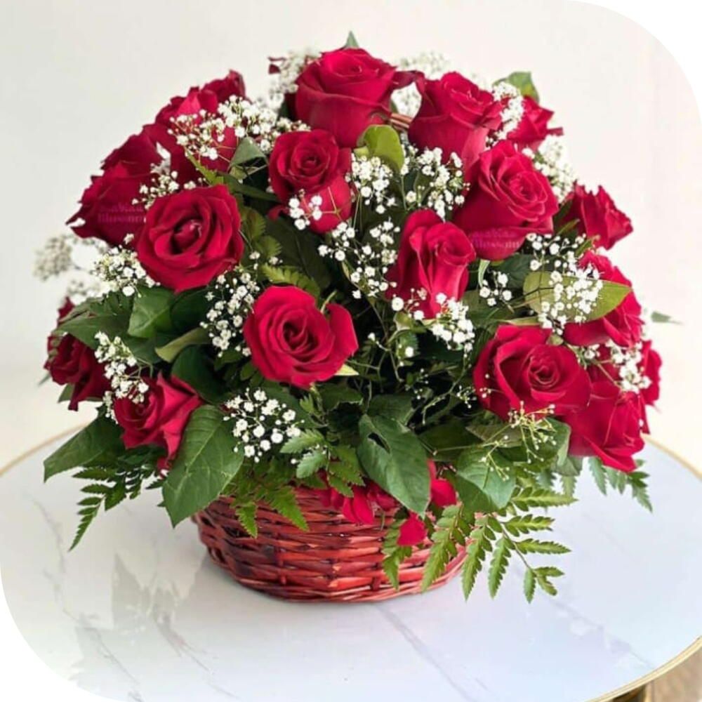 Classic Red Rose Basket – 35 Fresh Red Roses with Baby s Breath in Rustic Red Wicker Basket