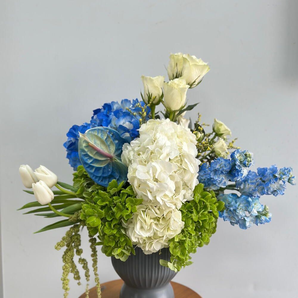 Elegant Blue and White Mixed Hydrangea and Tulip Bouquet with Amaranthus and Baby Roses