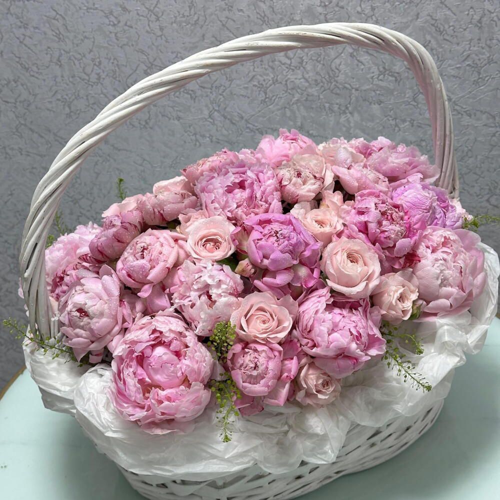 Elegant Pink Peony and Rose Basket Arrangement with Lepedium Pillars