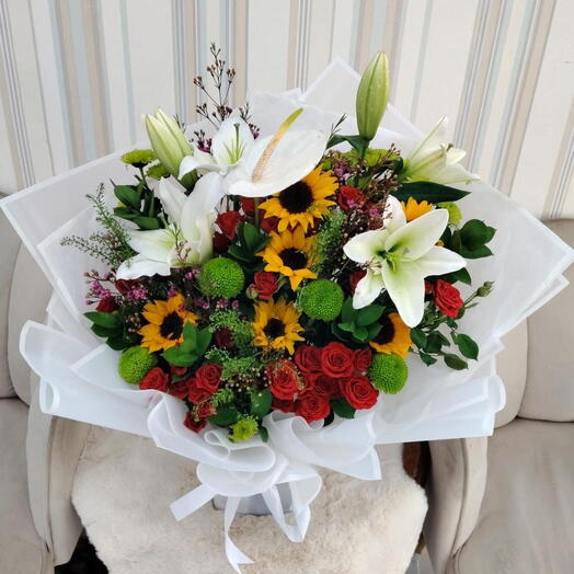 Elegant Sunflower   Lily Mixed Bouquet with Baby Roses   Pingpong Flowers
