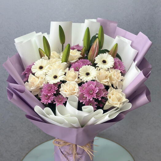 Elegant Purple   White Floral Bouquet – Roses, Chrysanthemums, Gerberas   Lilies Wrapped in Lavender Paper