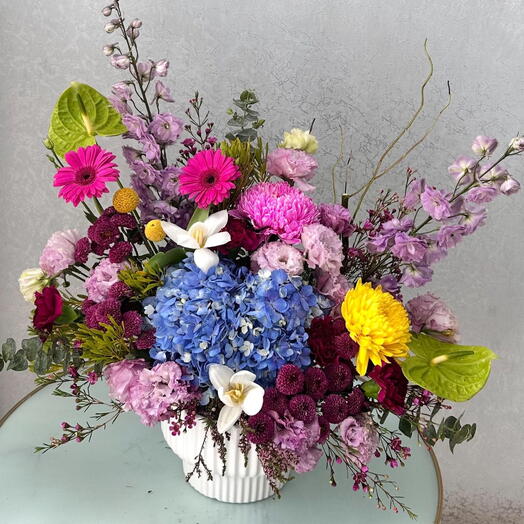 Luxurious Mixed Flower Arrangement with Hydrangea, Delphinium, Gerbera   Tulips