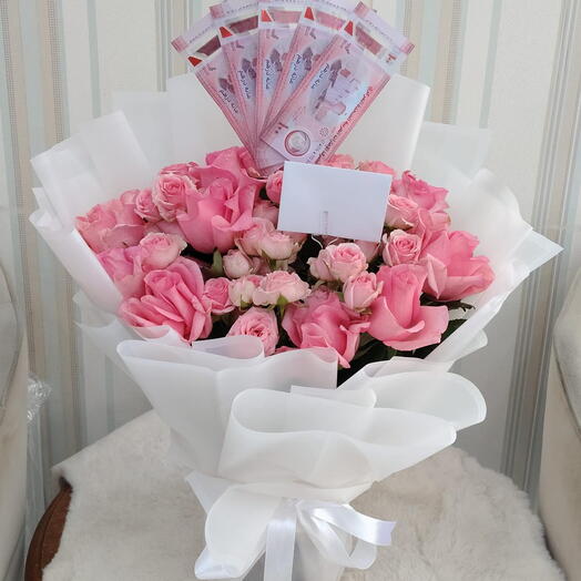 Luxurious Pink Rose Bouquet with Currency Gift – Over 30 Stems of Fresh Pink Roses   Baby Roses in Elegant White Wrap