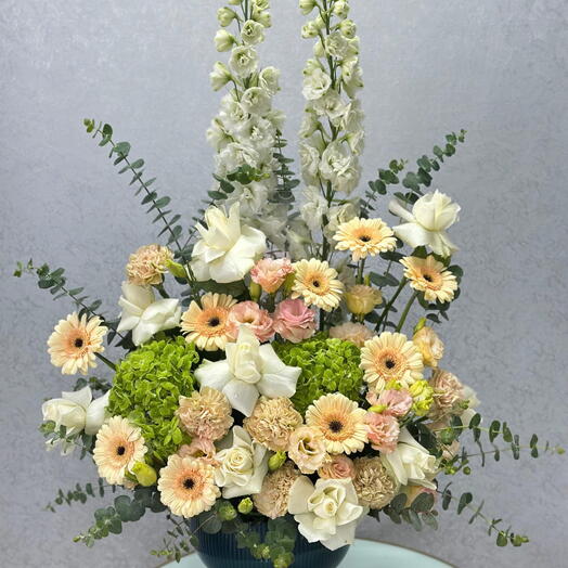 Elegant Cream   White Gerbera Vase Bouquet – Delphiniums, Roses, Carnations   Hydrangeas in Stylish Blue Vase