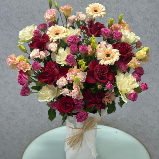 Mixed Gerbera   Rose Bouquet with Peach Estoma   Babyrose Mix
