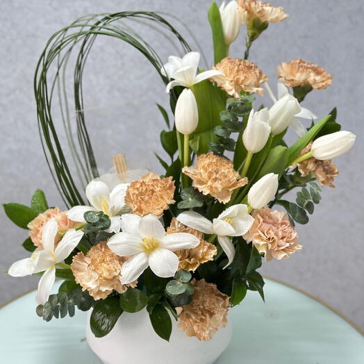 Elegant White   Peach Carnation and Tulip Floral Arrangement