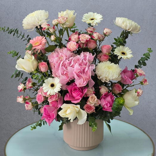 Elegant Mixed Roses and Gerbera Bouquet with Hydrangea and Baby Roses