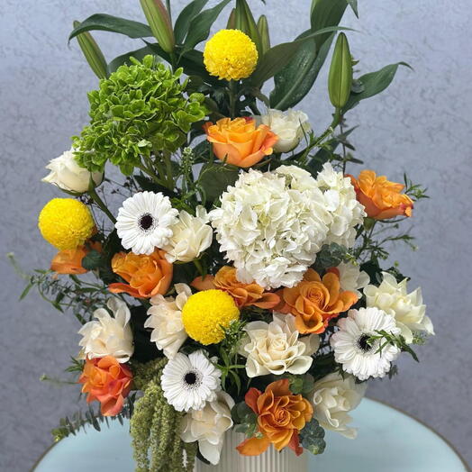 Vibrant Mixed Hydrangea   Rose Arrangement