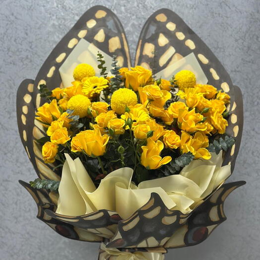 Bright Yellow Roses and Gerbera Bouquet with Baby Roses