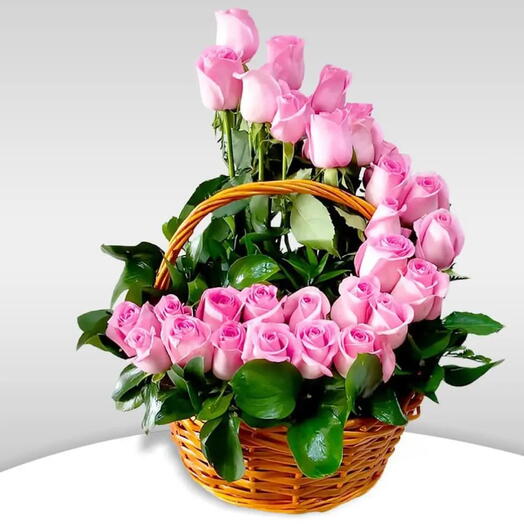 Elegant Pink Rose Basket with Ruscus Leaves