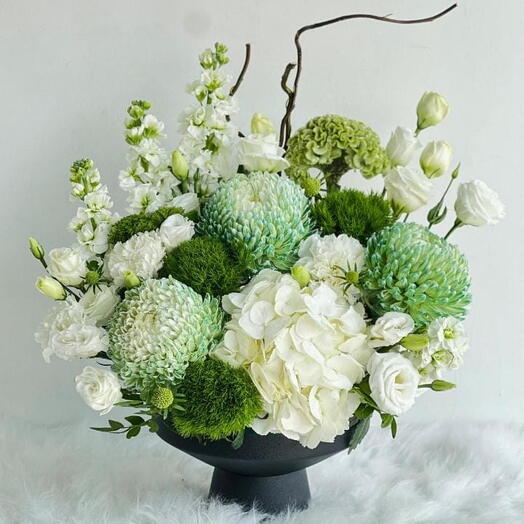 Elegant White and Green Floral Arrangement with Deco Flowers   Hydrangea