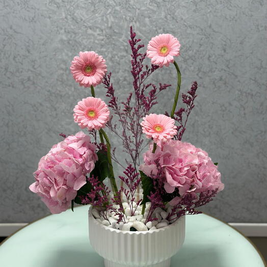 Elegant Pink Hydrangeas   Gerbera Flower Arrangement with Money Box
