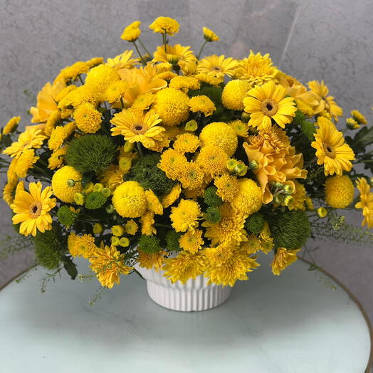 Sunshine Yellow Floral Bouquet – Gerberas, Chrysanthemums, Roses   Carnations in Elegant White Vase
