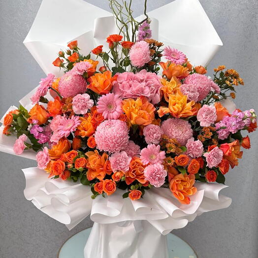 Elegant Pink   Orange Mixed Floral Bouquet with Gerbera, Roses, Santini   Hydrangea