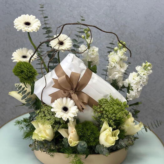 Elegant White Roses and Mathoila Gift Arrangement with Green Trick