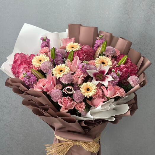 Elegant Mixed Floral Bouquet – Peonies, Lilies, Orchids, Carnations   Roses in Stylish White Vase