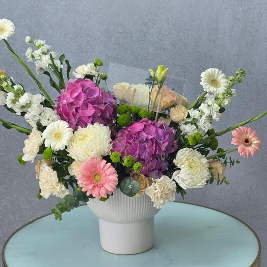 Elegant Mixed Floral Arrangement with Hydrangea, Mathoila   Gerbera